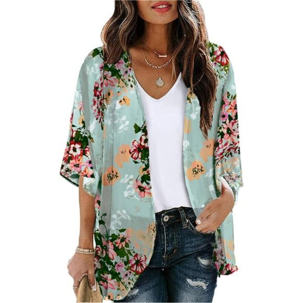 Women's Floral Chiffon Kimono Cardigan Short Sleeve Beach Cover Up Blouse Top
